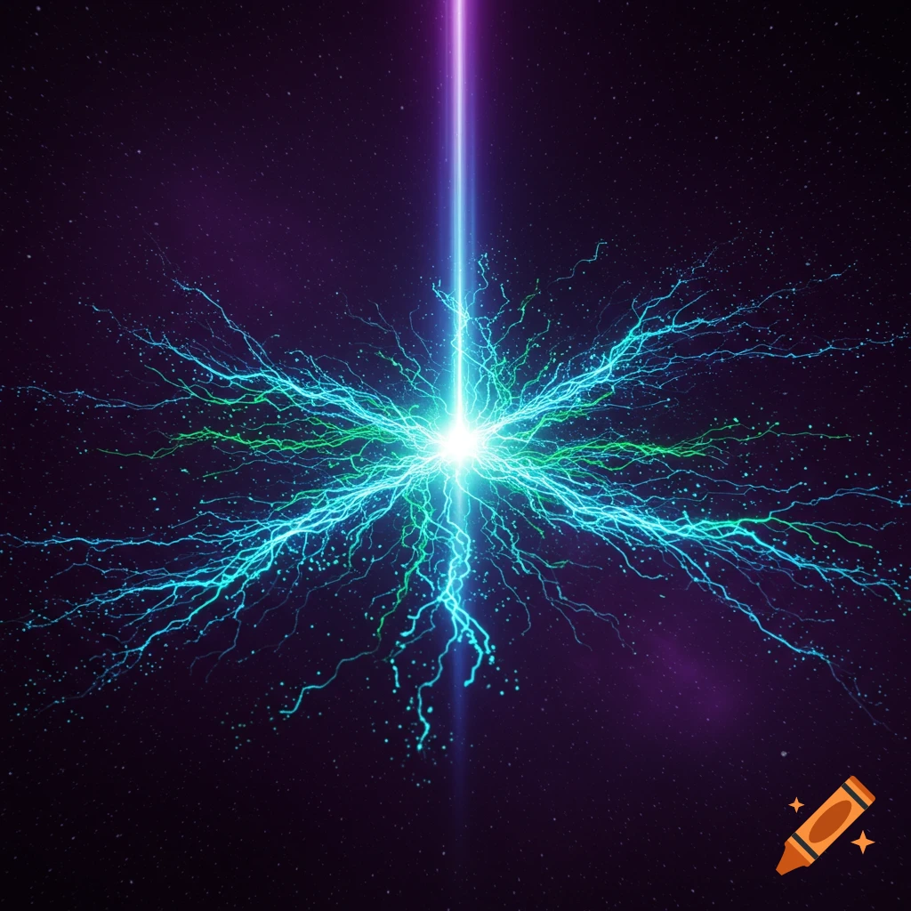 A bright turquoise and green electrical discharge bursts from a central point, with a purple beam of light extending upwards, all against a dark starry sky.