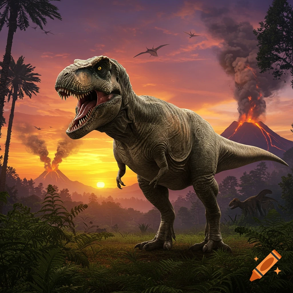 A powerful Tyrannosaurus Rex roars in a prehistoric landscape with erupting volcanoes, pterodactyls, and a fiery sunset.