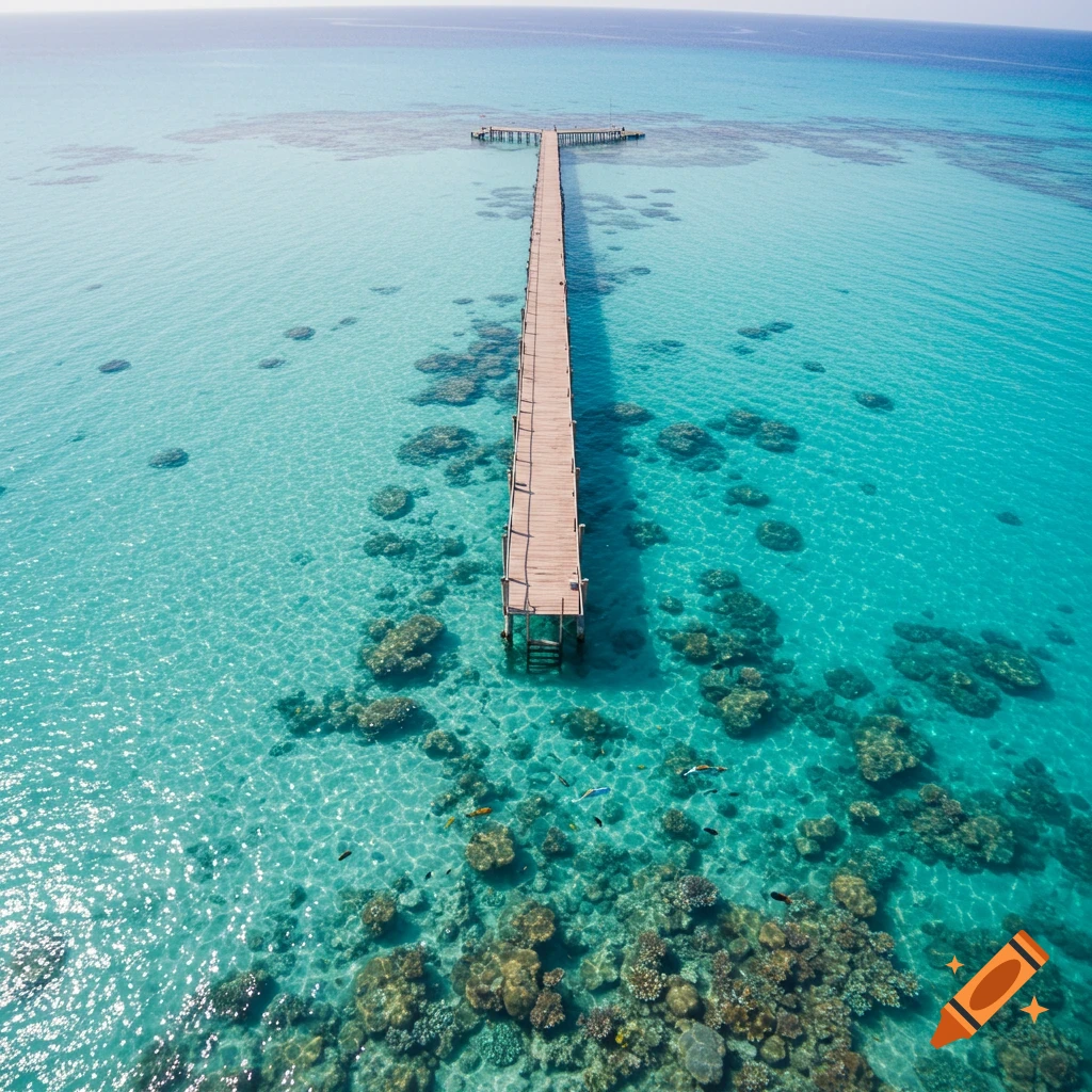 Aerial view of a long wooden pier extending over clear, turquoise ocean water with visible coral reefs and small fish below.
