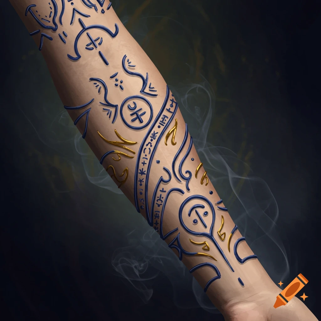 A forearm with intricate blue and gold esoteric symbolic tattoos and wisps of smoke in a dark setting.