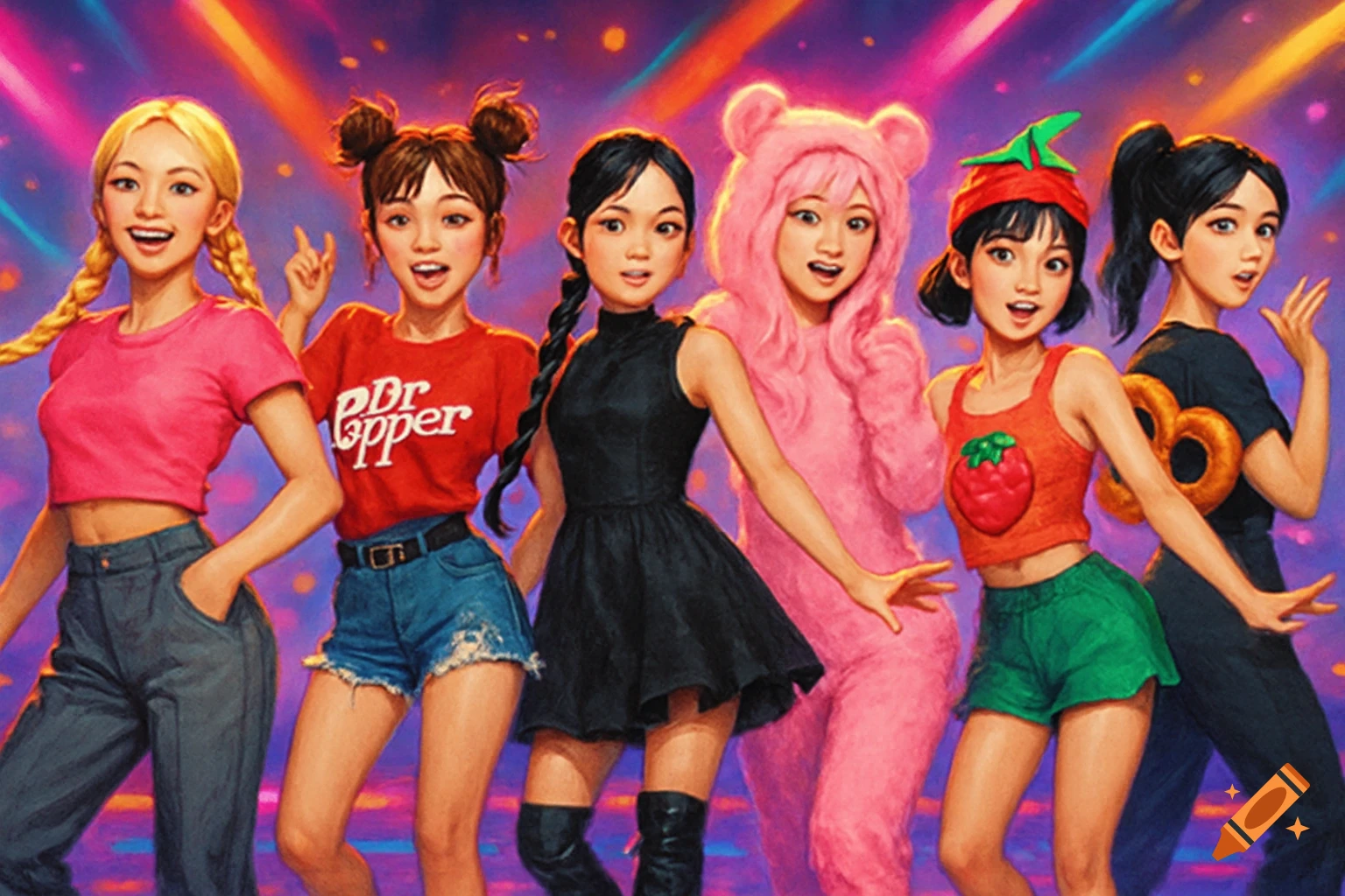 Six stylized Kpop-style women in colorful outfits, including a pink bear costume and a Dr. Pepper shirt, against a bright, dynamic background.