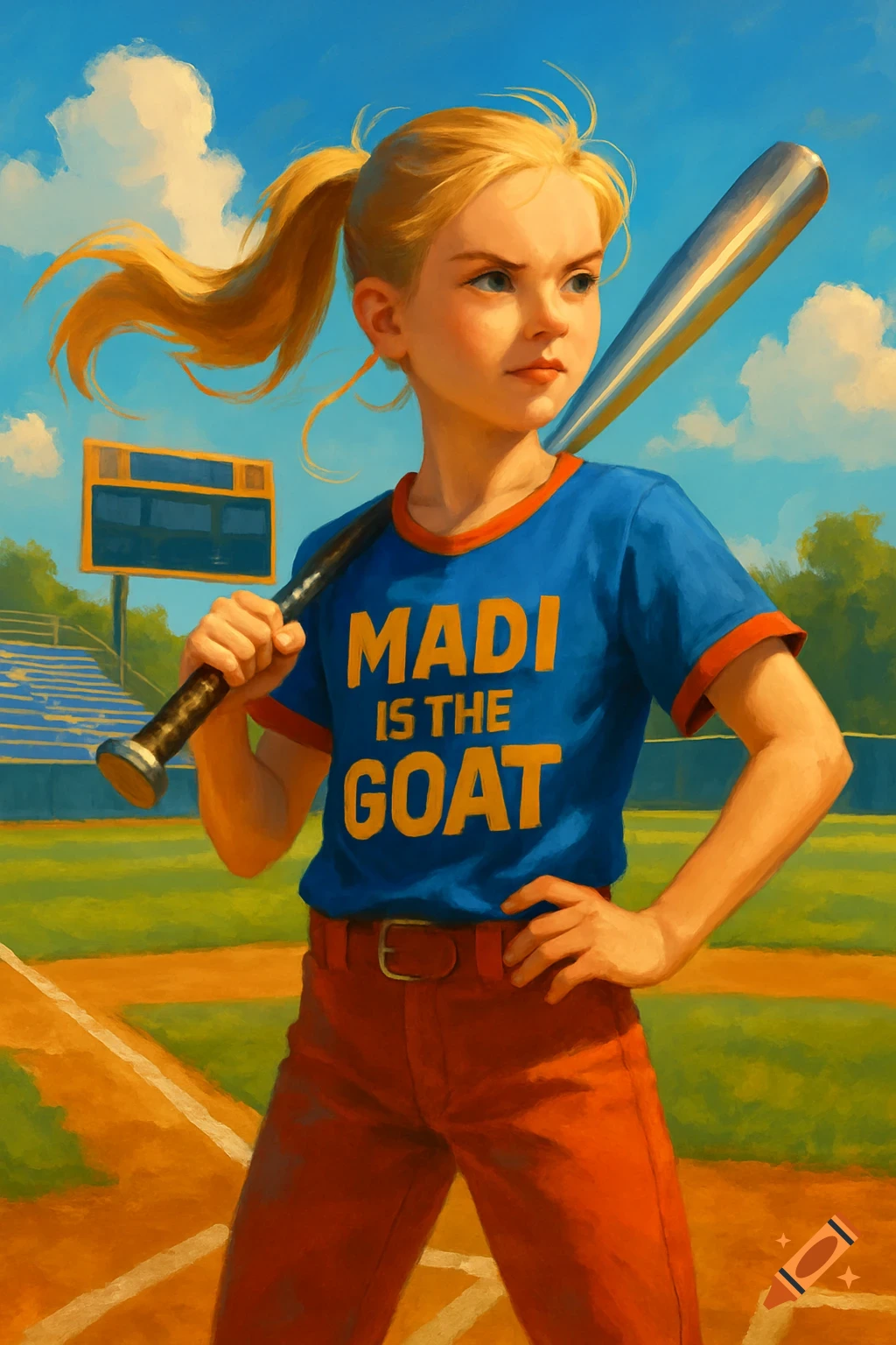 A blonde girl with a ponytail in a blue jersey, holding a baseball bat on her shoulder, stands on a baseball field. Her jersey says 'MADI IS THE GOAT'.