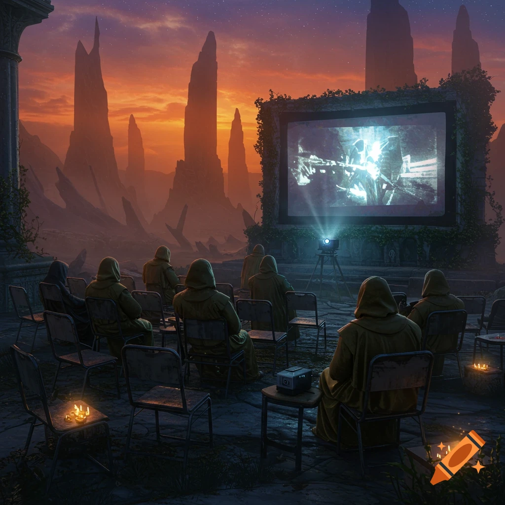 Hooded figures watch a movie projected onto a large screen in a desolate, rocky landscape at sunset.
