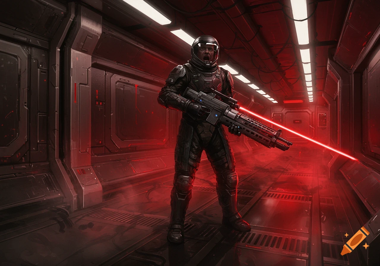 Tense astronaut in a dark, red-lit spaceship corridor holds a rifle with a laser beam, sci-fi style.