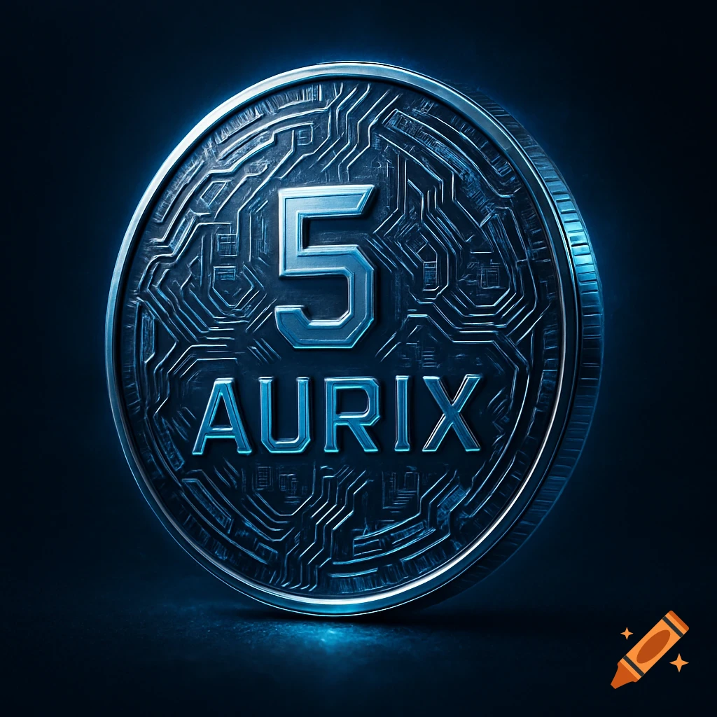 A glowing blue futuristic metallic coin with '5 AURIX' and circuit board patterns.