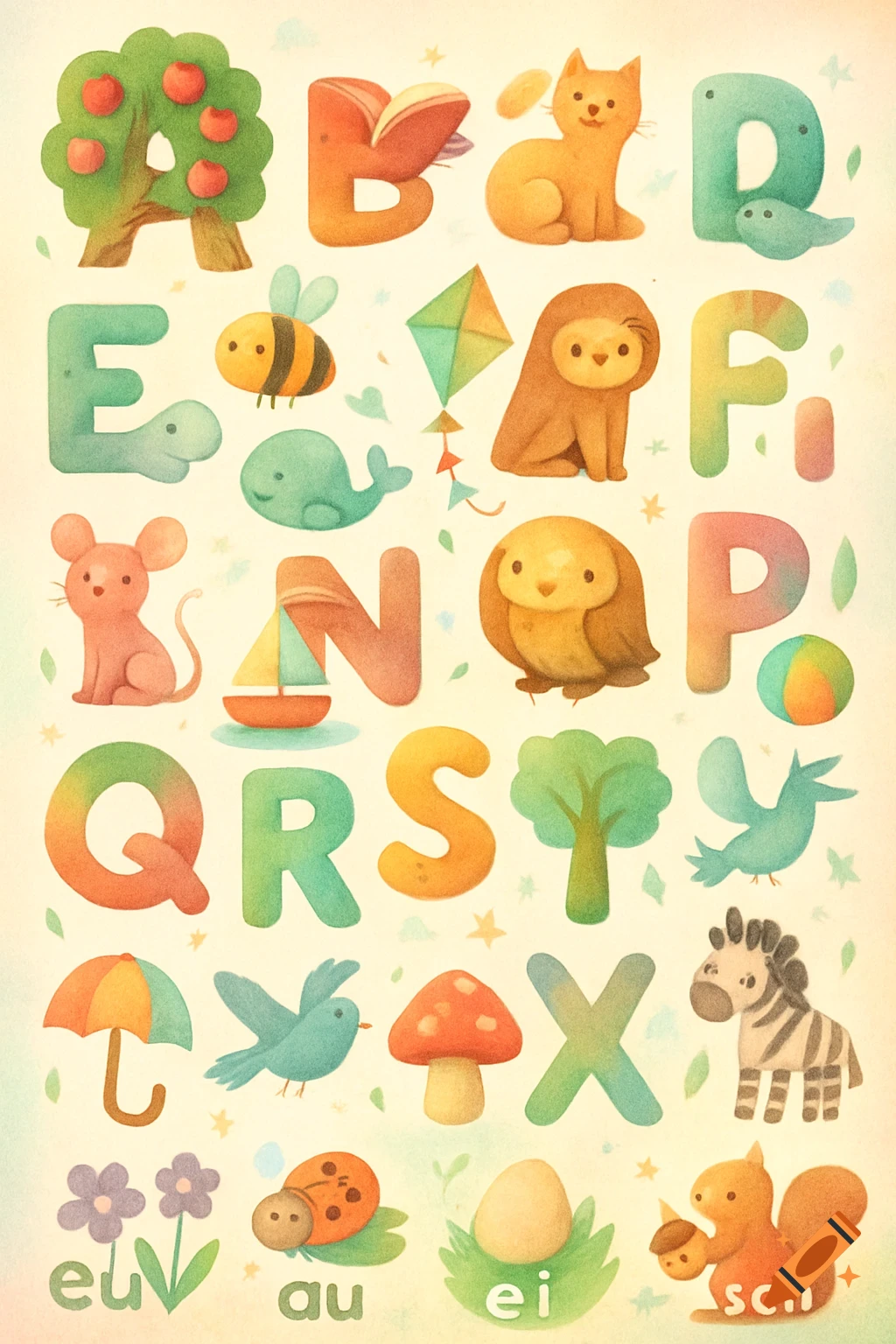 A whimsical watercolor-style alphabet chart with each letter depicted as an object or animal starting with that letter, and German phonetic spellings at the bottom.