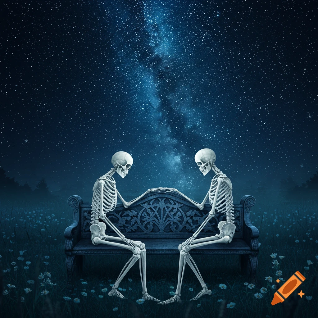 Two skeletons sit on an ornate bench in a field of small white flowers under a starry night sky with the Milky Way.