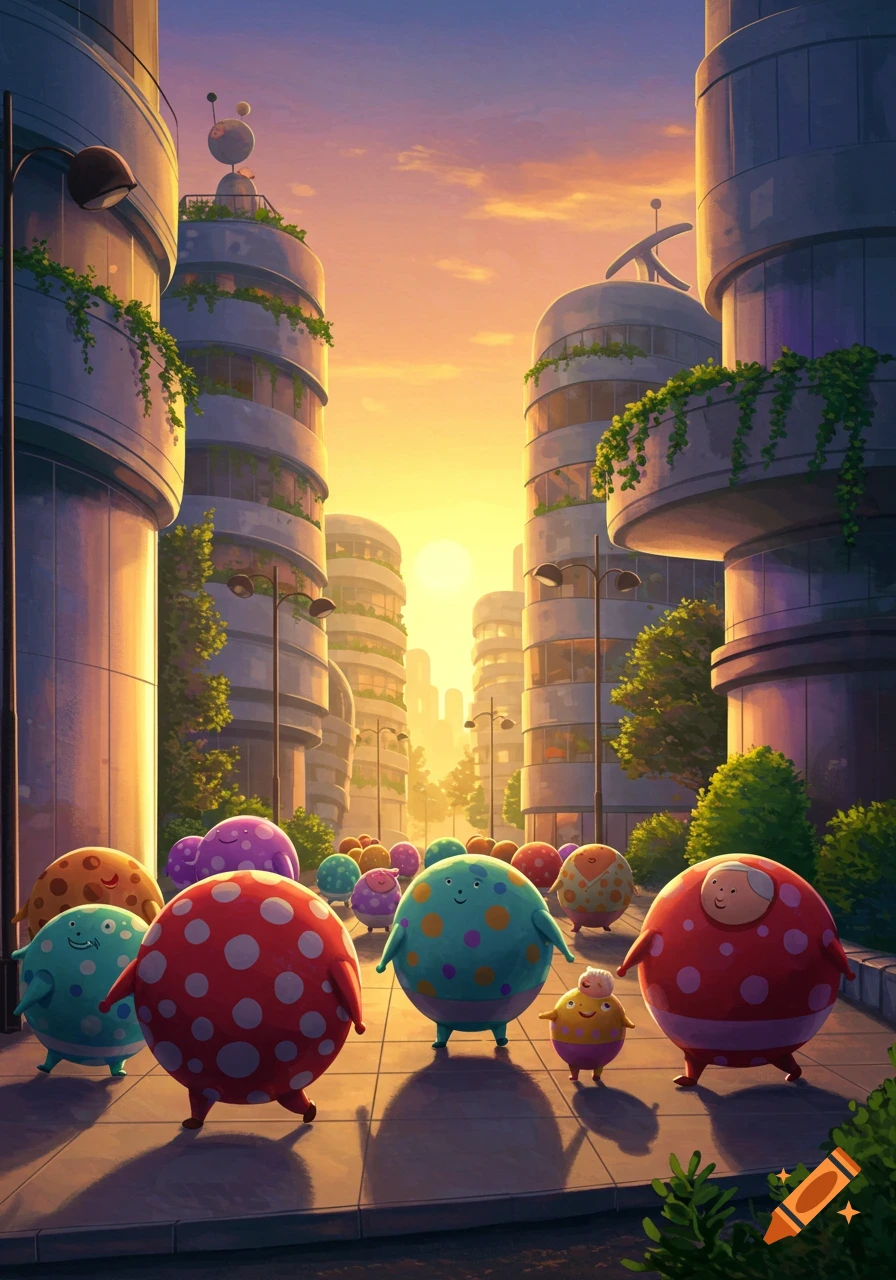 Colorful, round, cartoon characters with faces walk on a sunlit street in a stylized city with modern buildings and lush greenery at sunset.