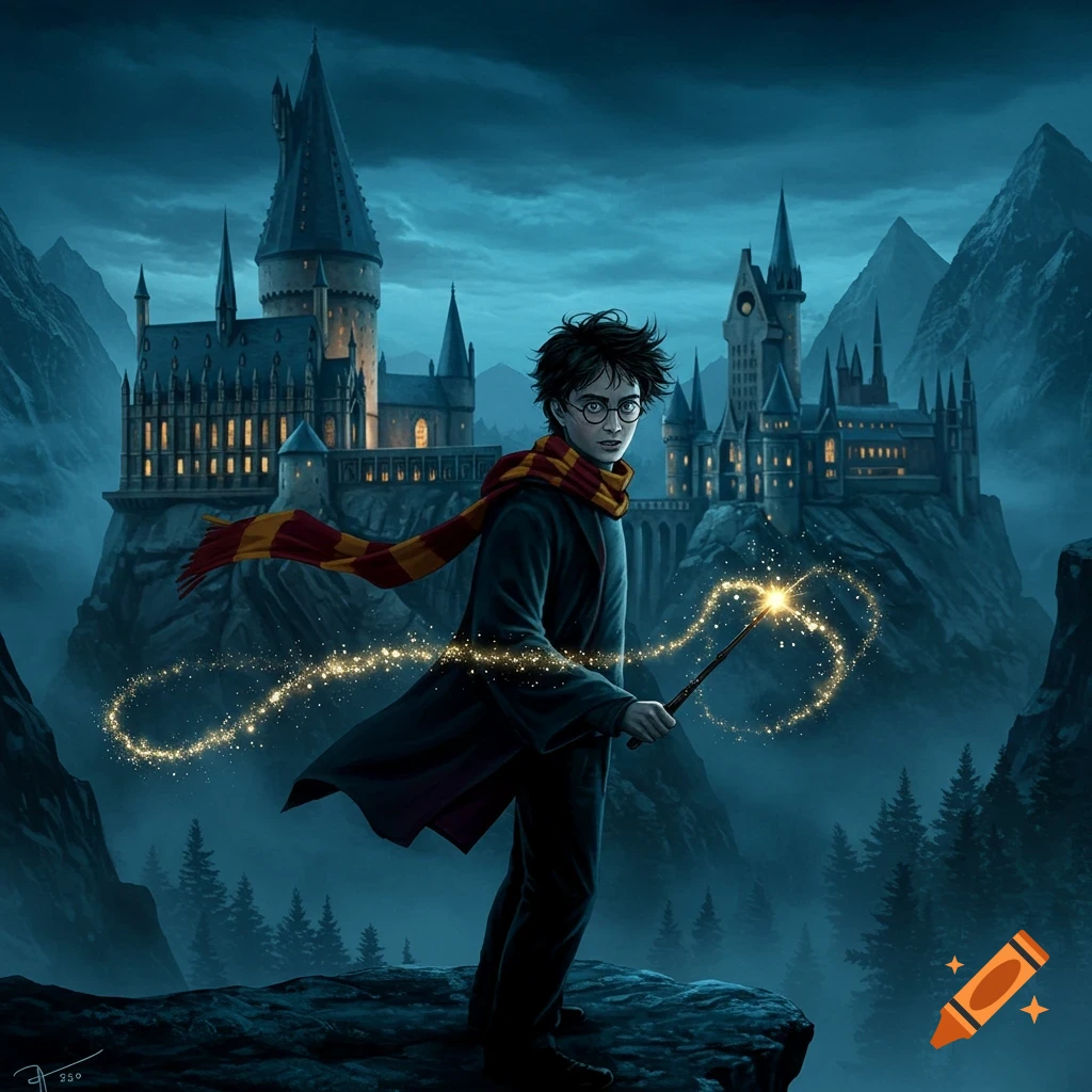 Harry Potter on a cliff, casting a spell with golden light from his wand, overlooking Hogwarts castle under a dark sky.