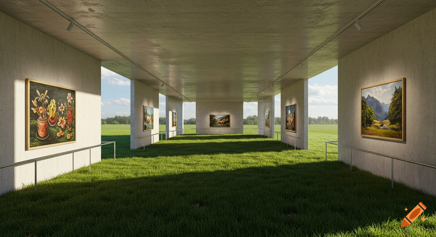 A photorealistic art gallery of concrete walls with a grass floor, in a green field under a blue sky, displaying various paintings.
