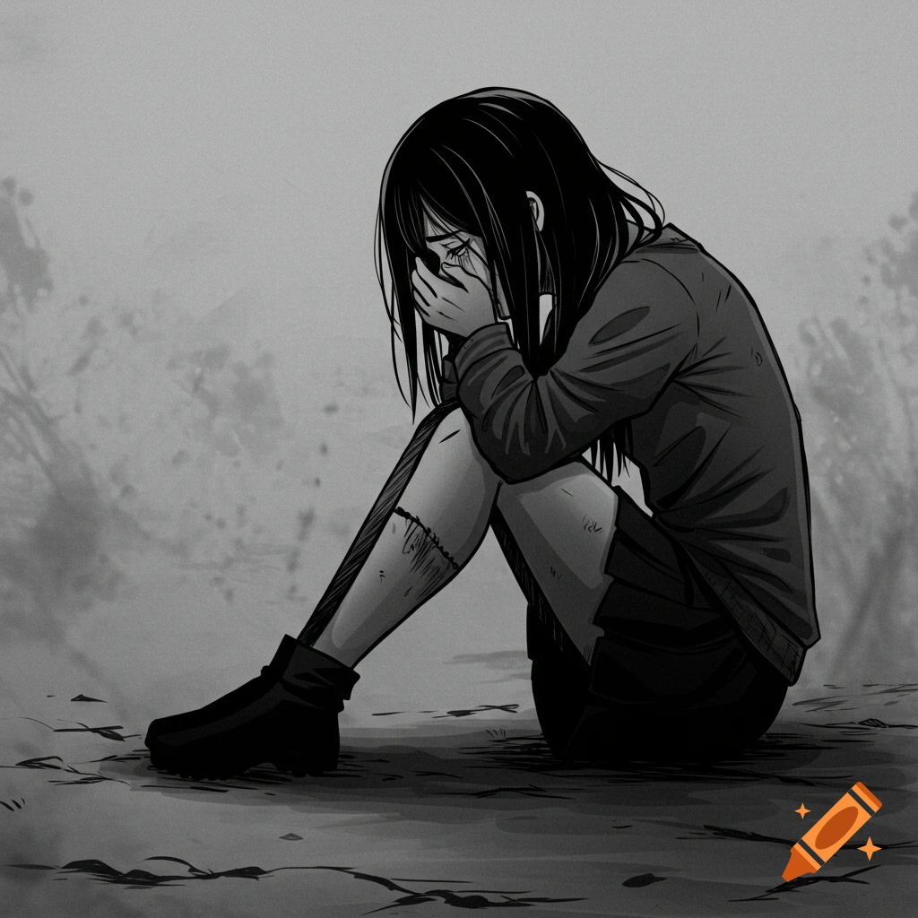 Grayscale anime illustration of a girl sitting on the ground, crying with her face in her hands.