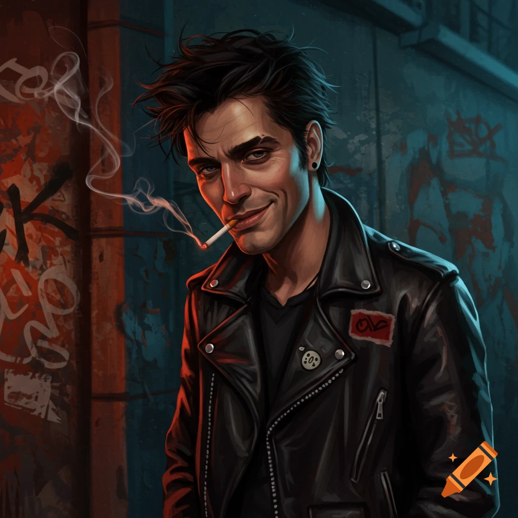 An illustrated portrait of a smirking man with messy black hair, wearing a black leather jacket, and smoking a cigarette against a graffiti-covered wall.
