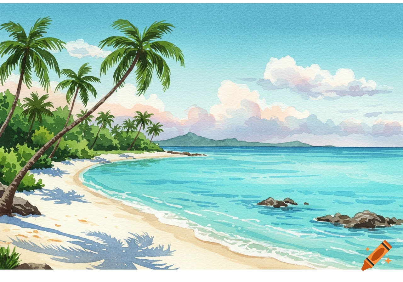 Watercolor painting of a tropical beach with palm trees, turquoise ocean, and distant mountains.