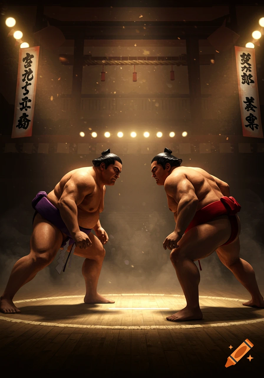 Two muscular sumo wrestlers in traditional mawashi loincloths face each other in a dimly lit dohyo ring, surrounded by banners and spotlights.