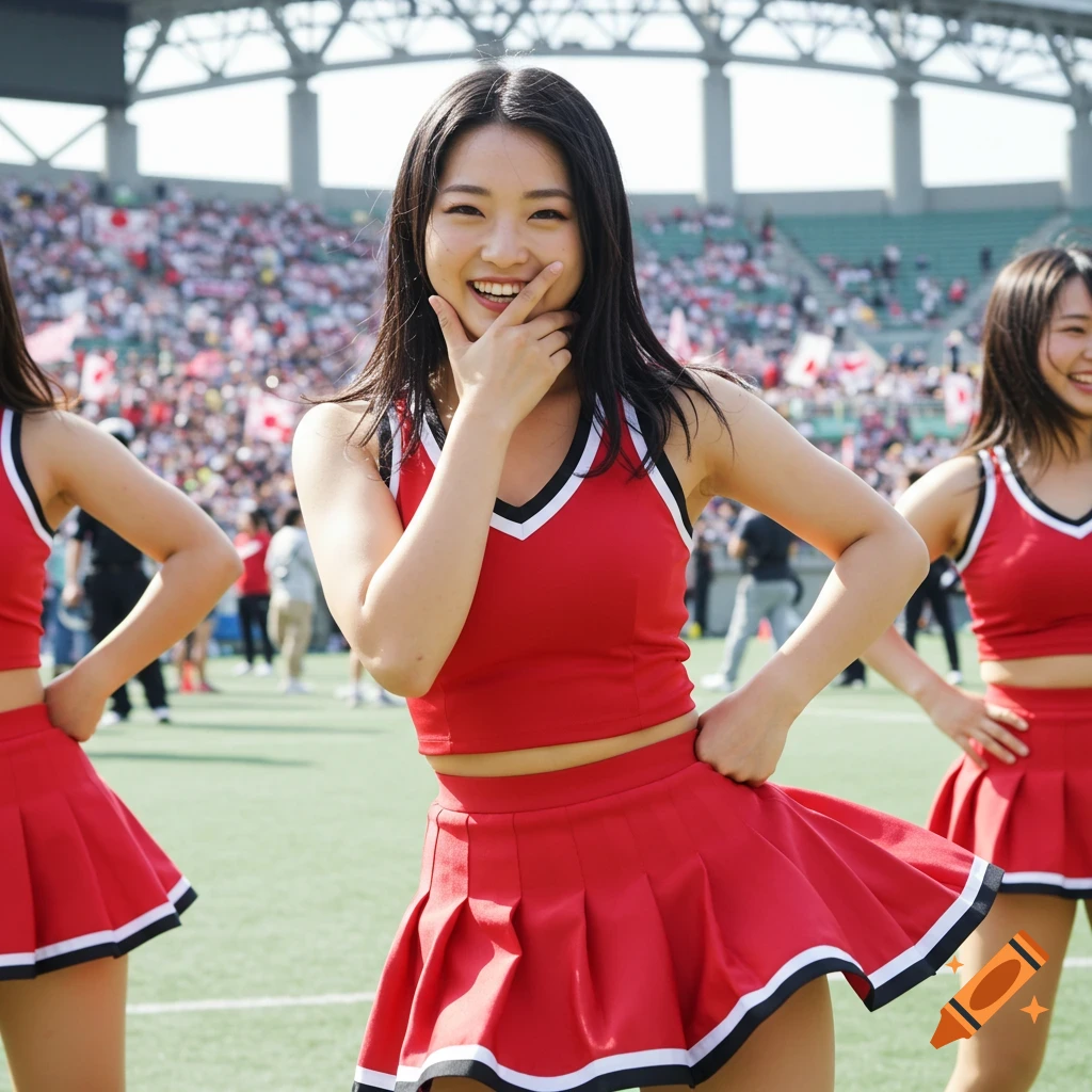 A smiling Japanese cheerleader in a red and white uniform stands on a sports field with a stadium crowd in the background.