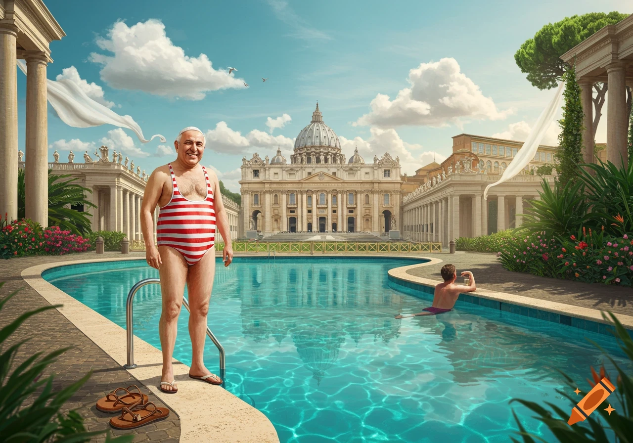 An older man in a red and white striped one-piece swimsuit stands by a pool in front of a grand basilica, smiling. Another person is in the water.