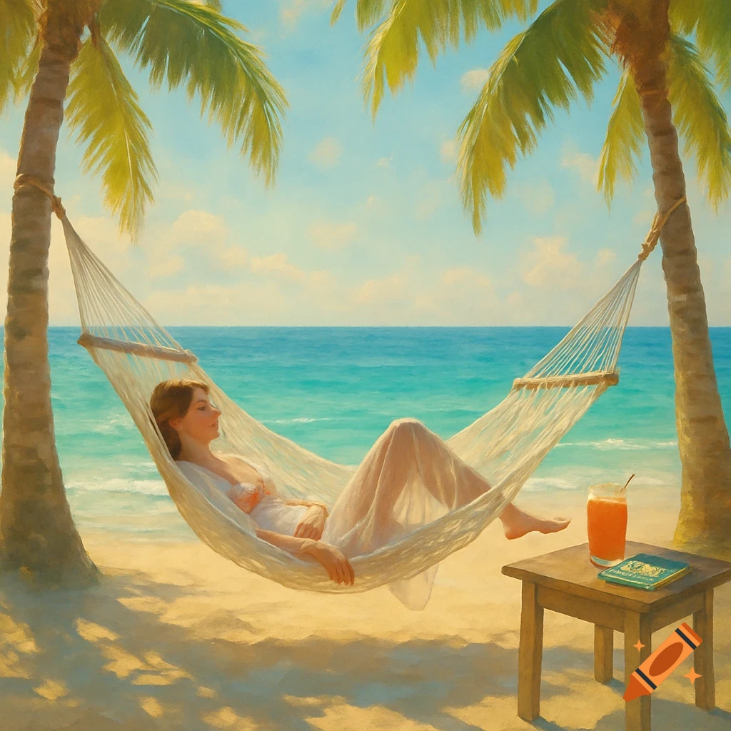 A woman in a sheer white gown relaxes in a hammock between two palm trees on a sunny beach, with a drink and book on a table nearby. Painted style.