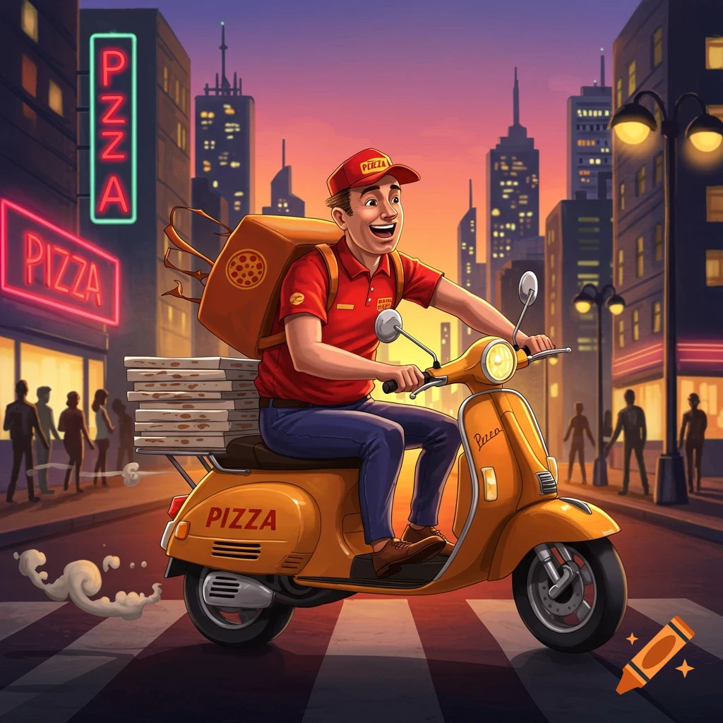An illustrated pizza delivery guy on a yellow scooter in a city at sunset, carrying pizzas.