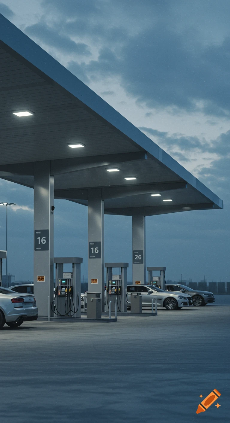A modern gas station at dusk with several cars parked at the pumps under a cloudy sky, in a realistic cinematic style.