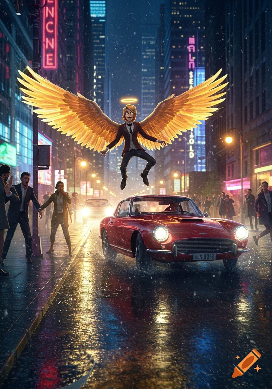 A winged character with a halo floats above a red classic car on a wet city street at night, while onlookers react in surprise. Neon signs glow in the background.
