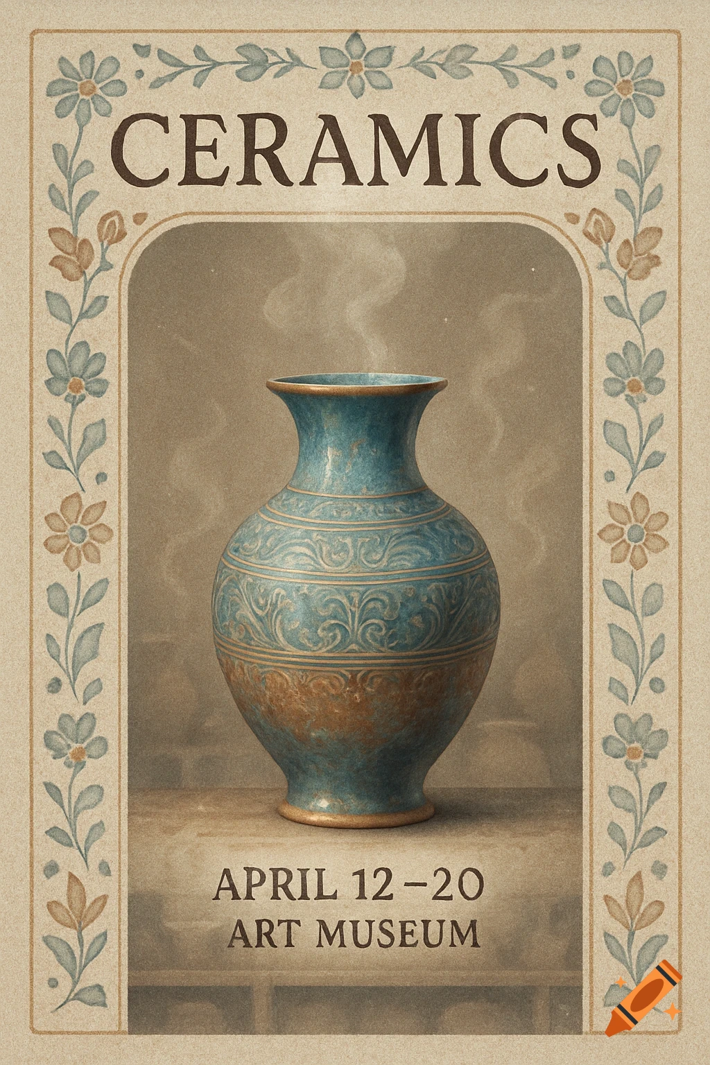 Vintage poster for a ceramics exhibition featuring a blue and brown decorated vase within a floral border. Text: CERAMICS, APRIL 12-20, ART MUSEUM.