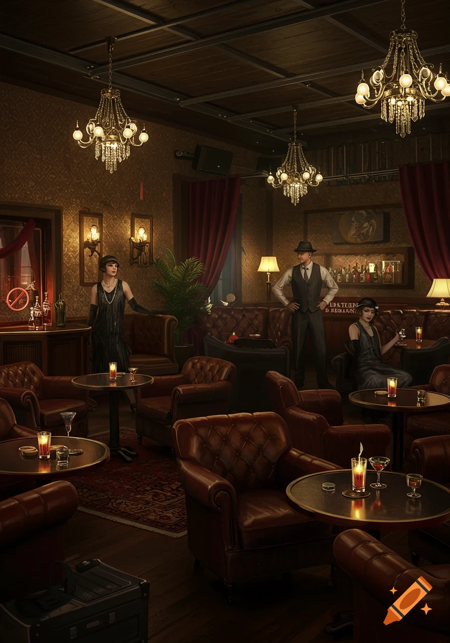 A dimly lit 1920s-style speakeasy interior with people socializing amongst leather chairs and small tables, lit by chandeliers.