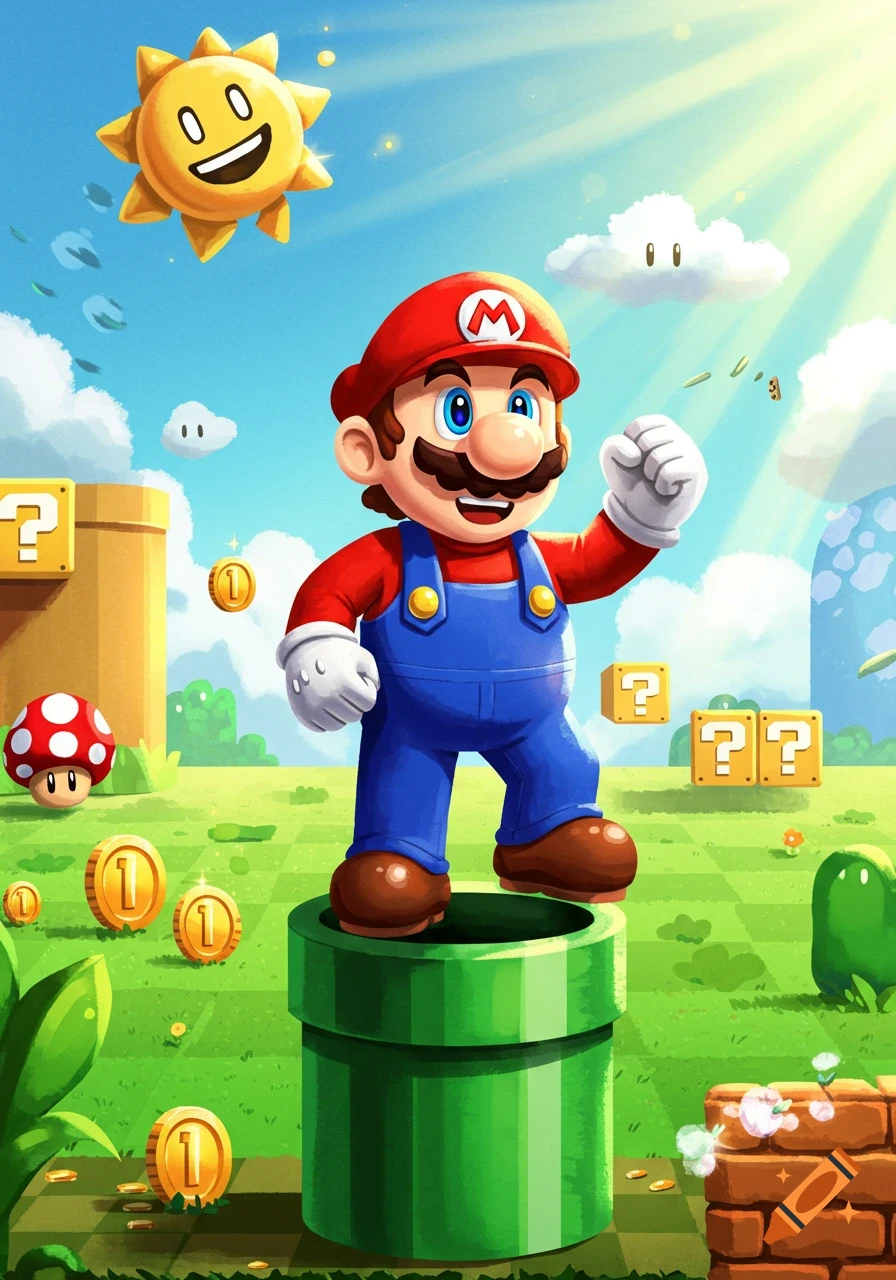 Mario stands on a green pipe in a vibrant Super Mario Bros. landscape with a smiling sun, question mark blocks, and coins.