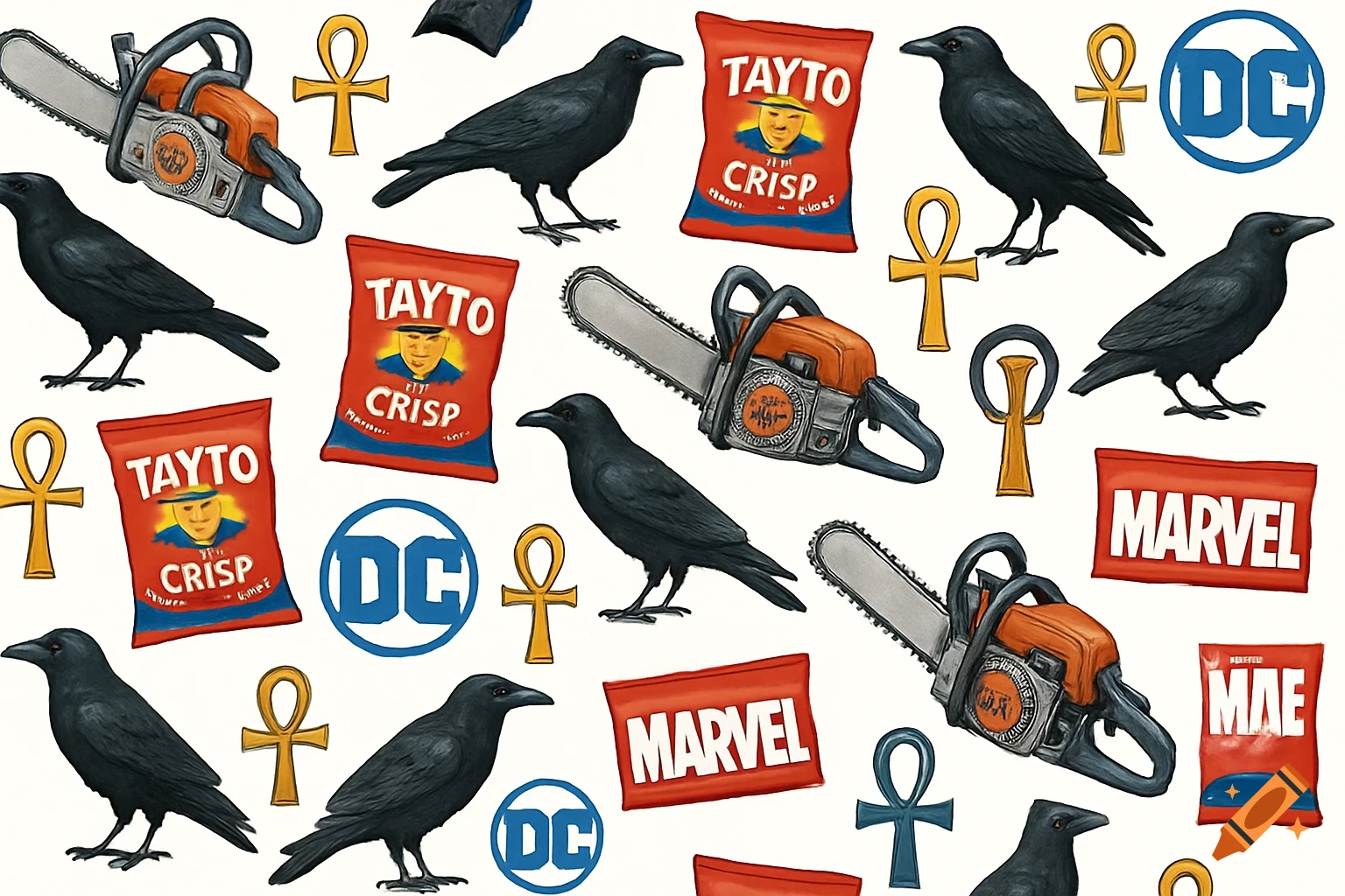 A patterned collage on a white background featuring chainsaws, black crows, Ankh symbols, red Tayto Crisp bags, blue DC logos, and red Marvel logos.