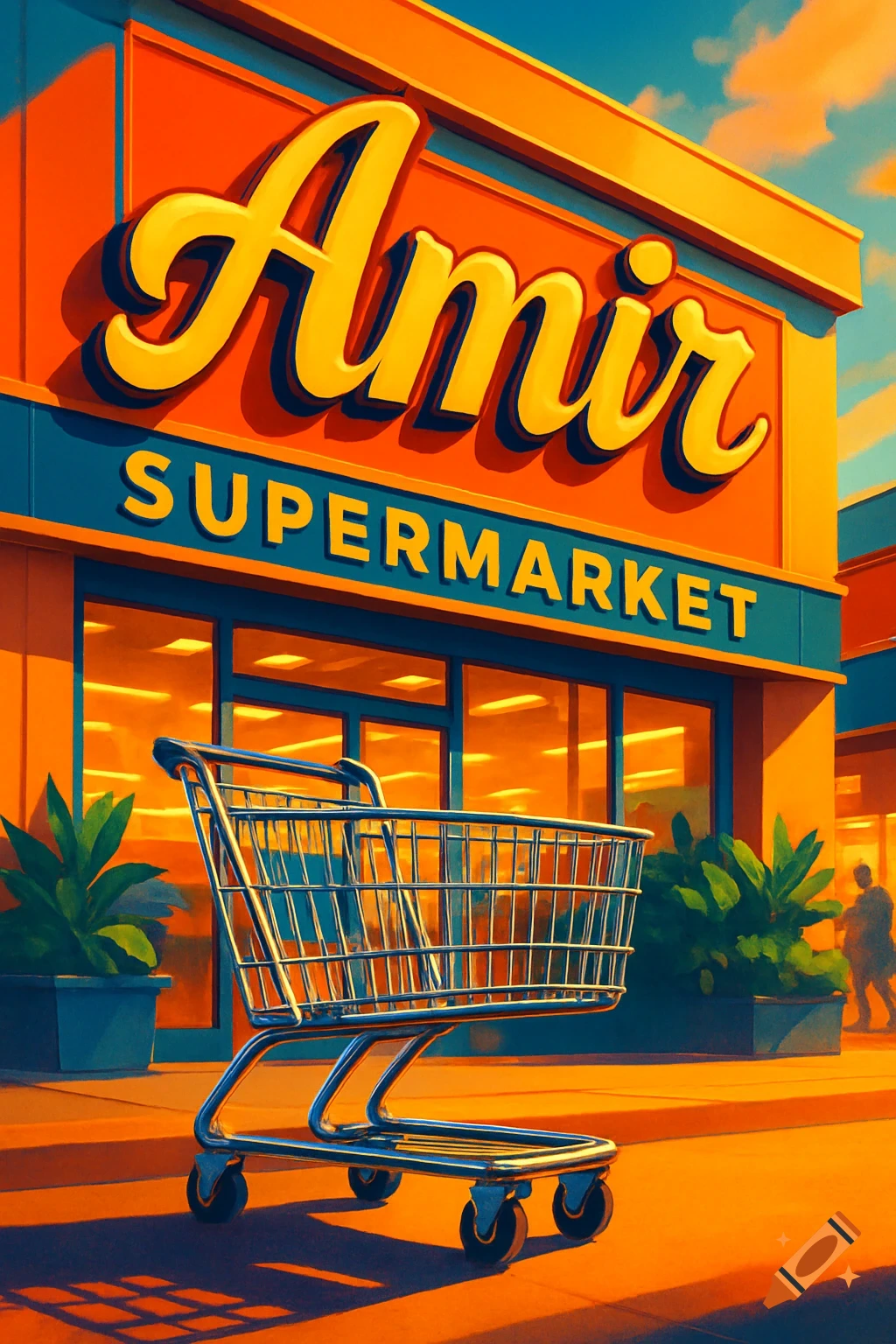 A stylized illustration of a supermarket named Amir with a shopping cart in front, under a vibrant orange sky.
