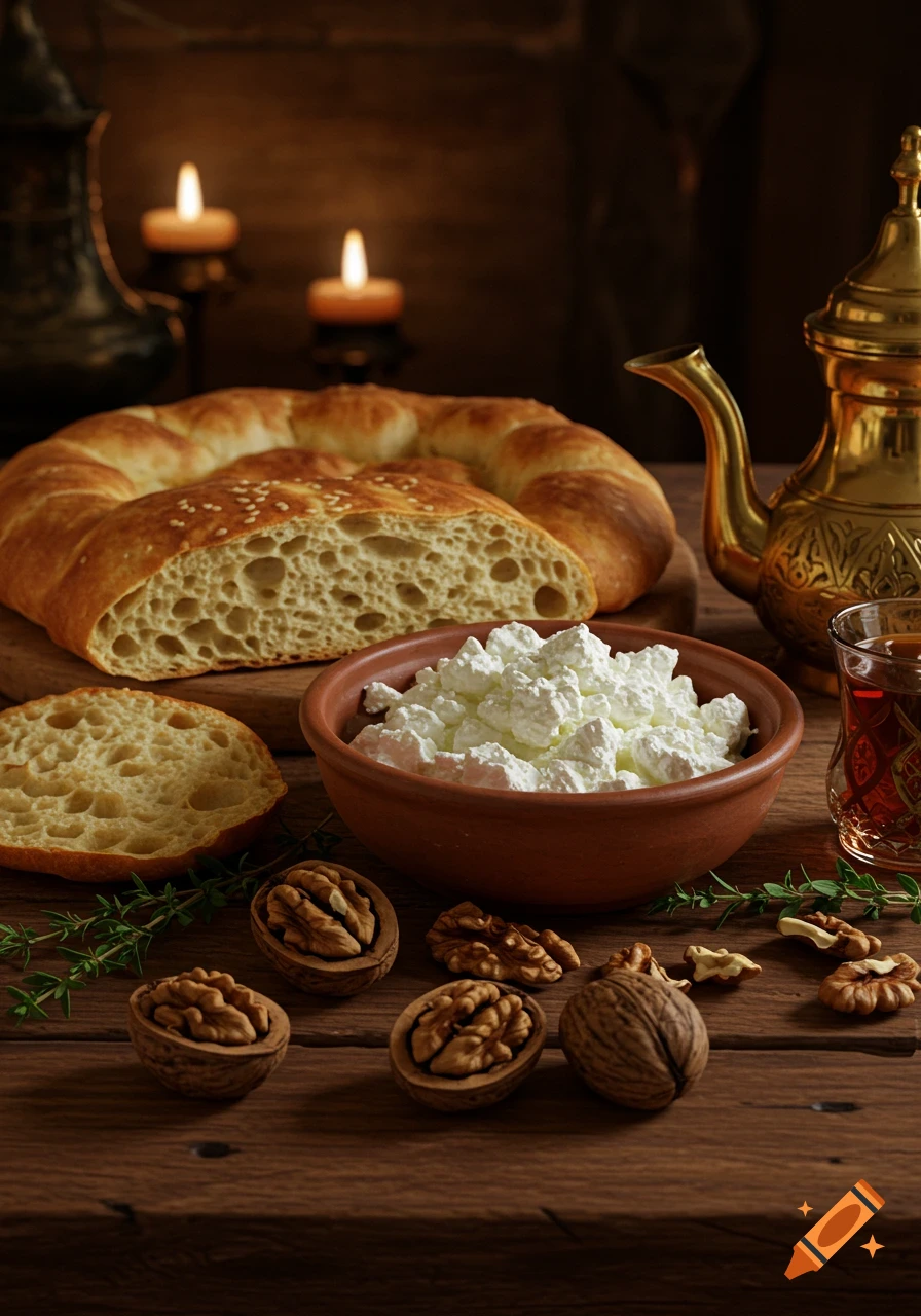 A rustic still life with a sliced round bread, a bowl of white cheese, and walnuts on a wooden table, lit by candles.