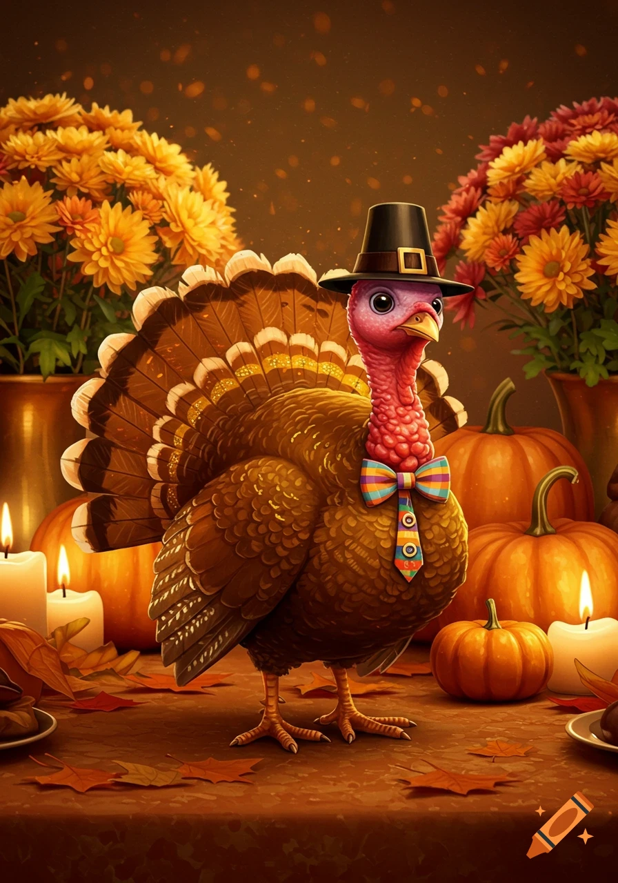 A cute, cartoon turkey in a pilgrim hat and colorful tie stands among pumpkins, candles, and fall flowers on a brown table.