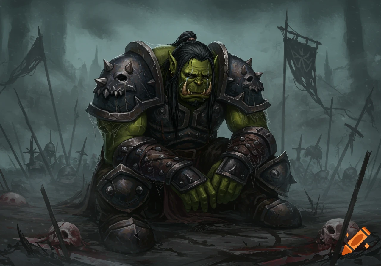 A sorrowful green-skinned orc warrior in rusted armor sits on a dark, misty battlefield with skulls, World of Warcraft fantasy art style.