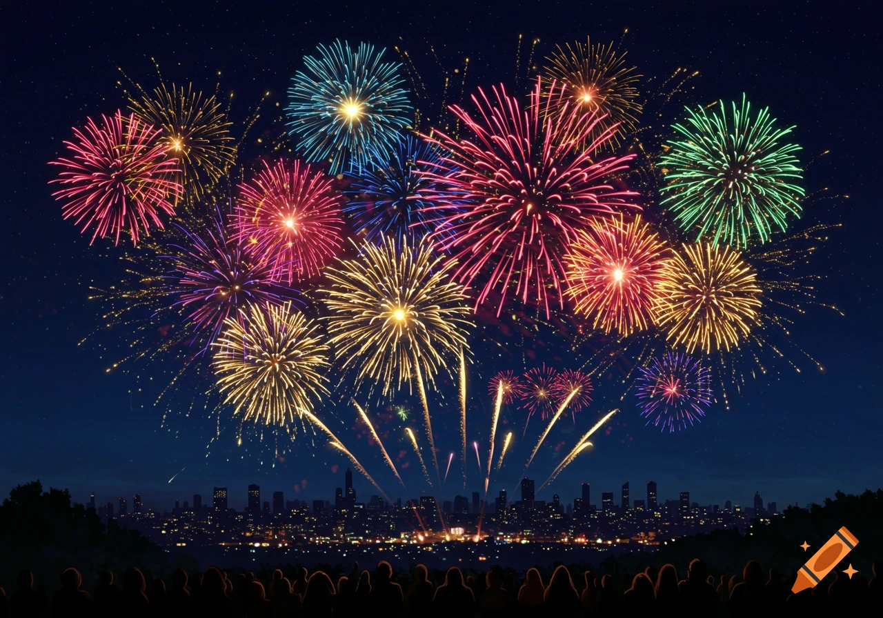 Colorful fireworks explode over a city skyline at night, with a crowd ...