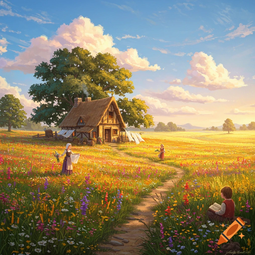A charming medieval cottage nestled in a vibrant, colorful flower field under a blue sky. A woman hangs laundry, another figure walks in the distance, and a boy reads a book by a stone path.