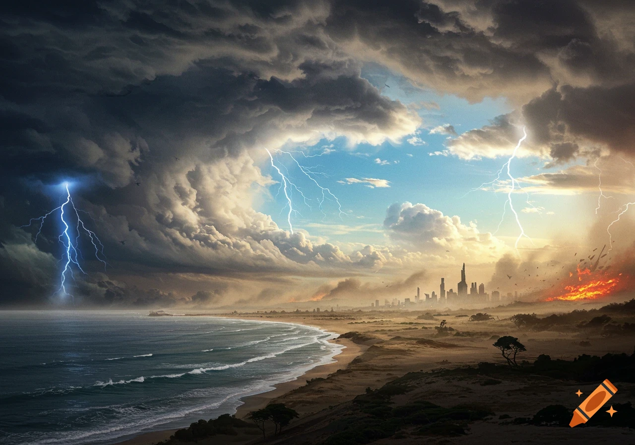 Stormy ocean with lightning striking, a sandy beach, and a distant city engulfed in fire under a dramatic, clearing sky.
