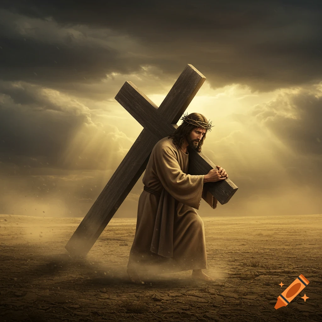 Photorealistic depiction of Jesus with a crown of thorns carrying a wooden cross across a barren, dusty landscape under a dramatic, cloudy sky.