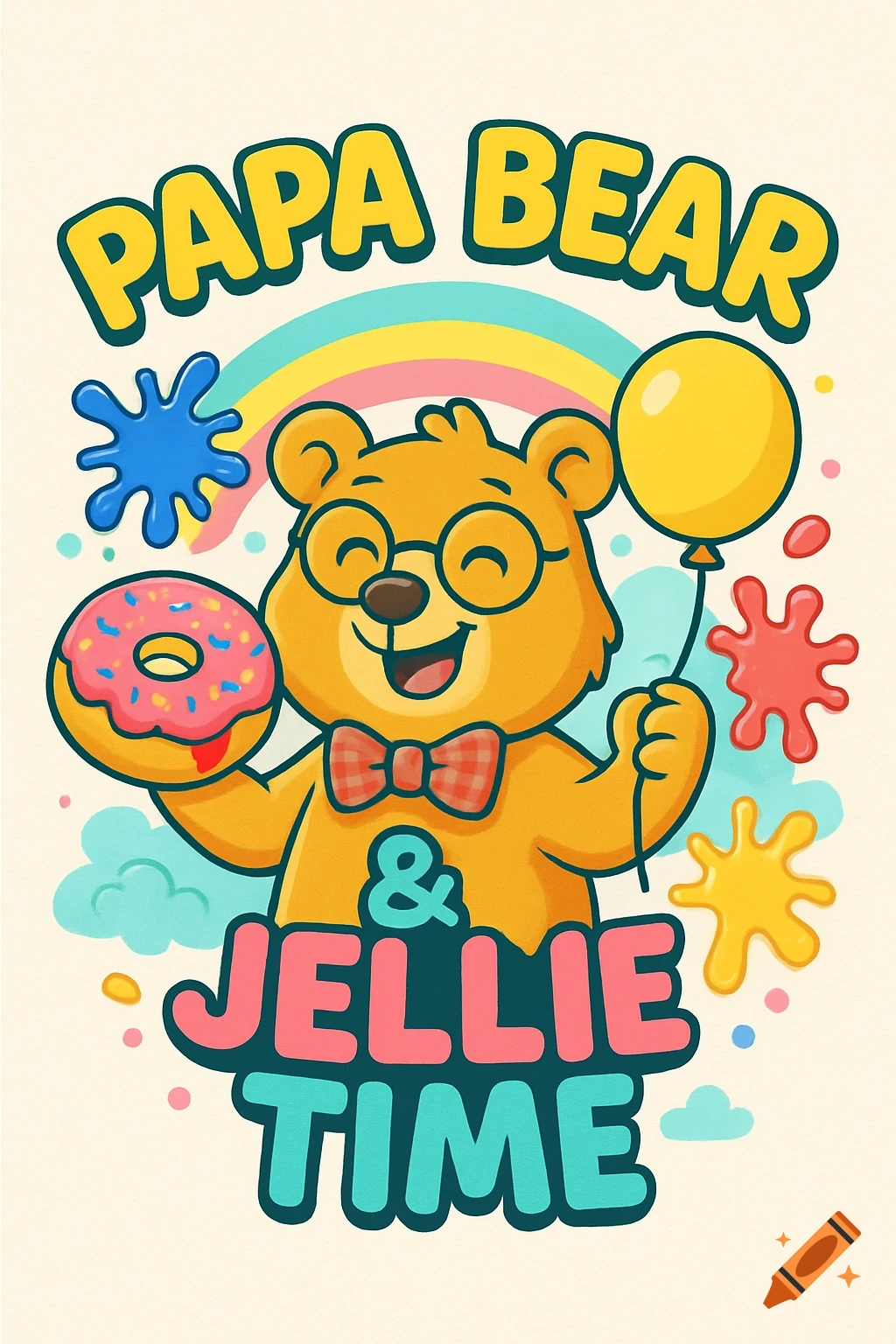 Cartoon bear in glasses holds a donut and balloon, with 'PAPA BEAR & JELLIE TIME' text and rainbow on a t-shirt design.