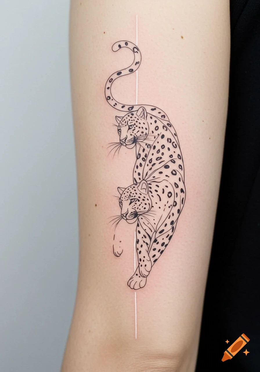 Fine line tattoo of two stylized leopards on a person's arm, climbing along a vertical white line.
