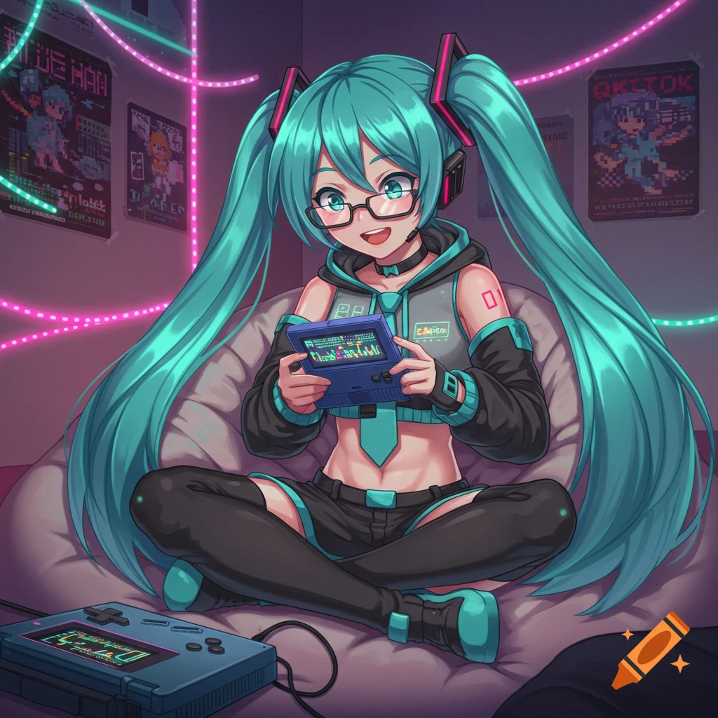 Hatsune Miku with long teal pigtails, glasses, and headphones sits cross-legged, happily playing a blue handheld game console.