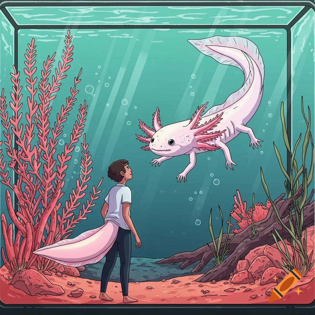 Vectorized illustration of a person with an axolotl tail looking up at a large axolotl inside a giant aquarium.
