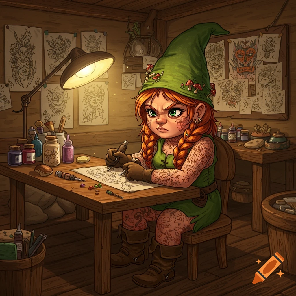 A cartoon girl gnome with red braids and a green hat adorned with mushrooms, intensely sketching tattoo designs at a wooden desk in a cozy workshop. She has visible arm and leg tattoos.