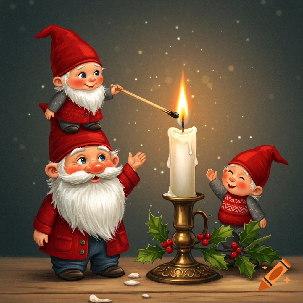 Two adorable cartoon gnomes, one perched on the other's head, light a tall white candle on a bronze stand decorated with holly and berries, in a warm, festive scene.