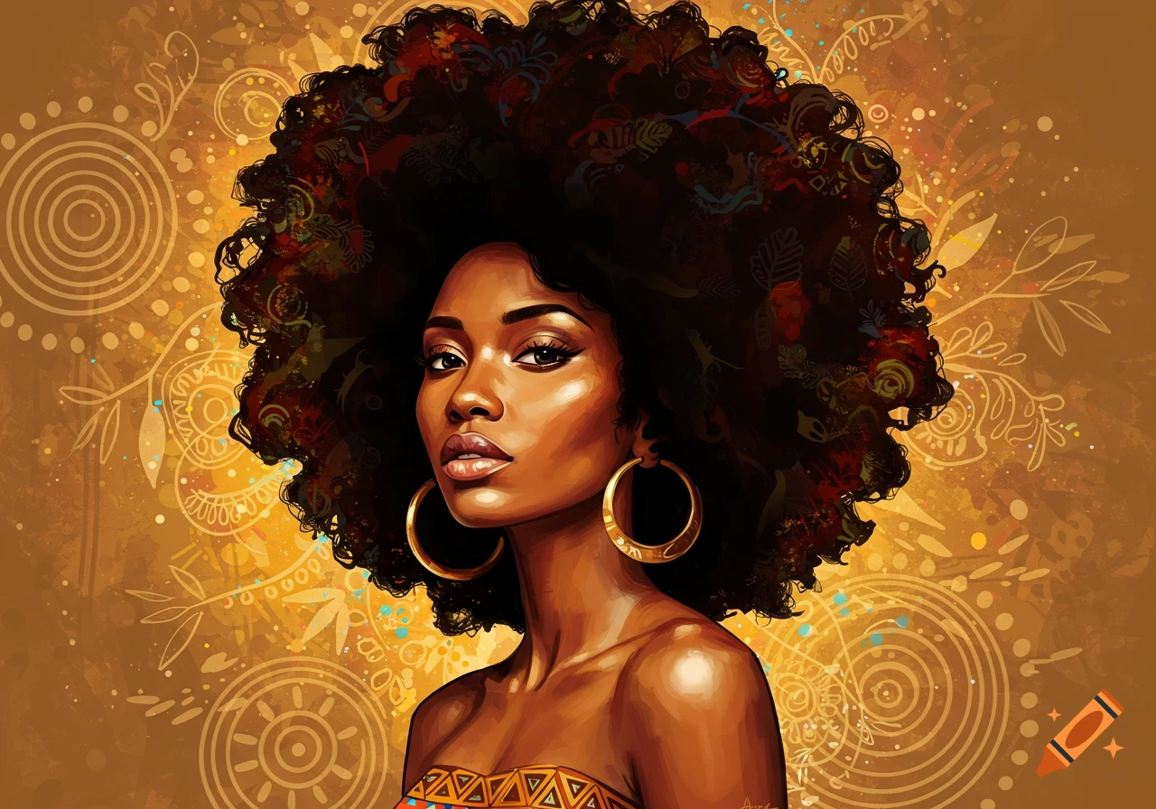 A vibrant illustration of a Black woman with a large afro, wearing gold hoop earrings, against a golden background with abstract patterns.
