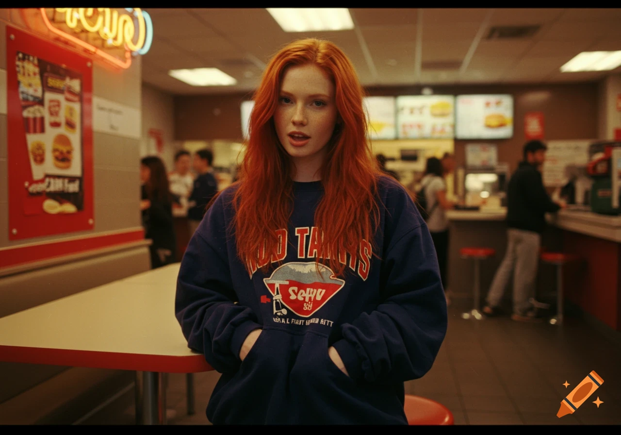 A redhead girl with long hair and freckles stands in a fast-food restaurant, wearing a blue baggy sweatshirt with a logo, her hands in pockets. The background is blurred with other patrons and menu boards.