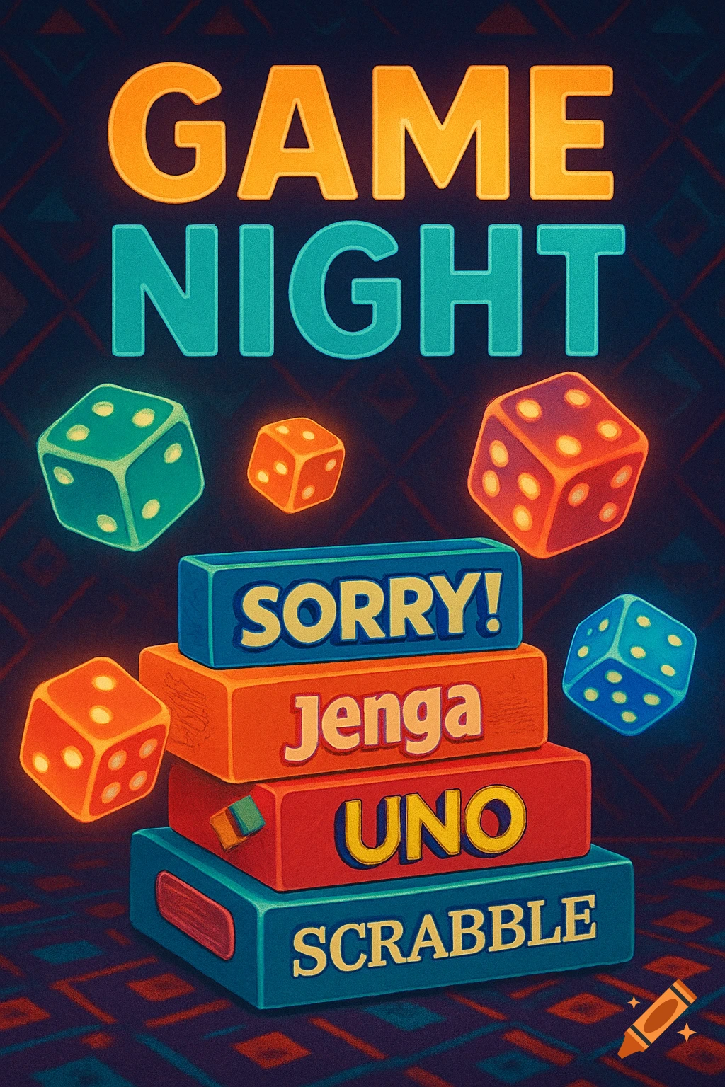 Colorful illustration of a 'GAME NIGHT' flyer with stacked board game boxes like Sorry!, Jenga, Uno, Scrabble, and floating dice.
