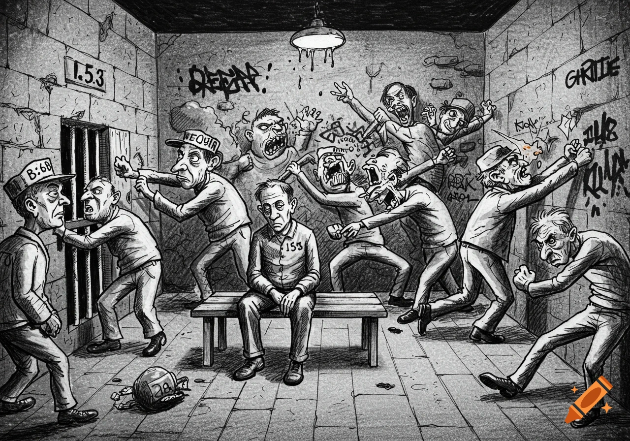 A black-and-white sketch depicts a chaotic prison cell scene with cartoonish men fighting and yelling, while one man sits forlornly on a bench.