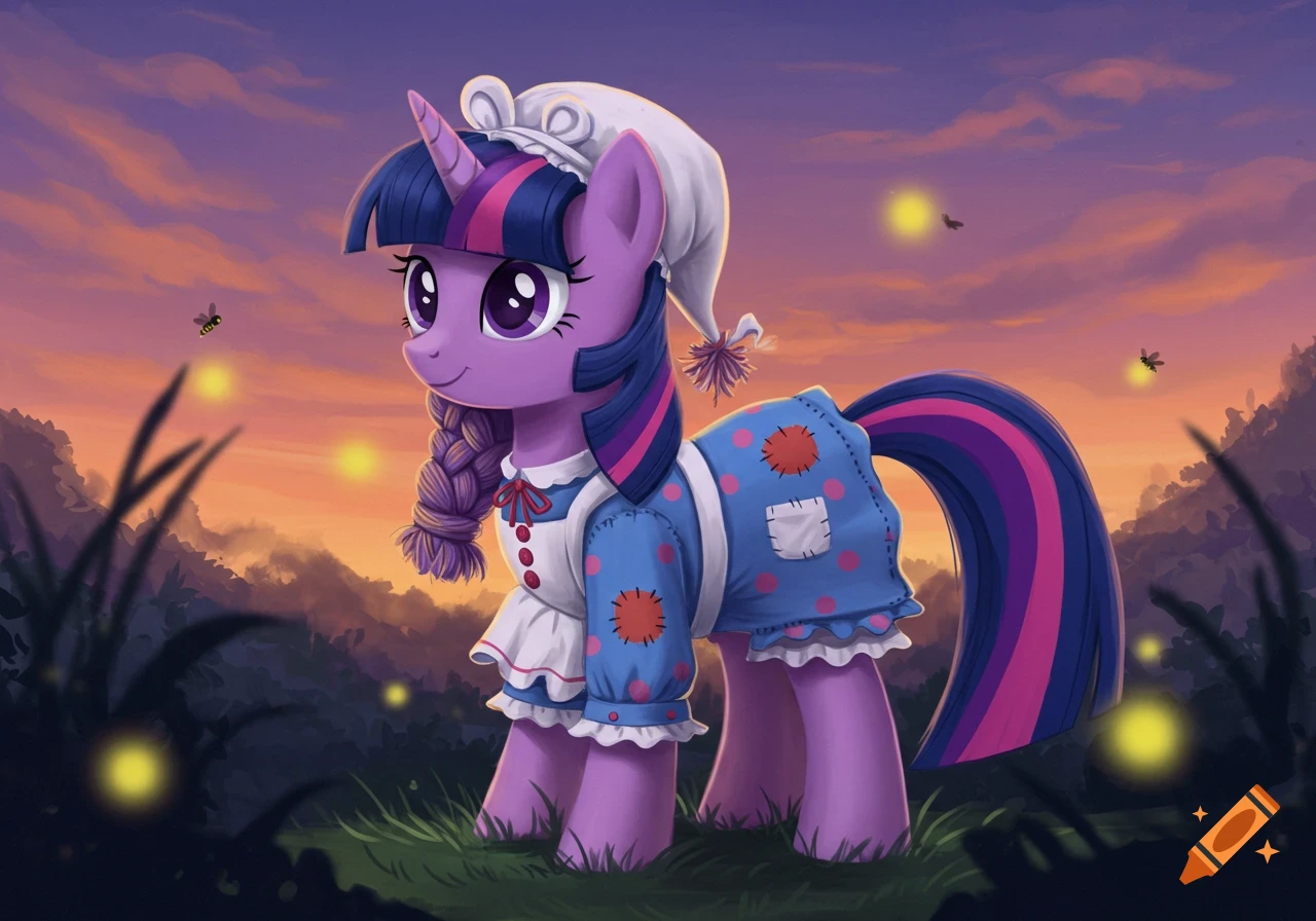 Purple unicorn Twilight Sparkle in a Raggedy Ann costume stands in a grassy field at dusk with fireflies and bees.
