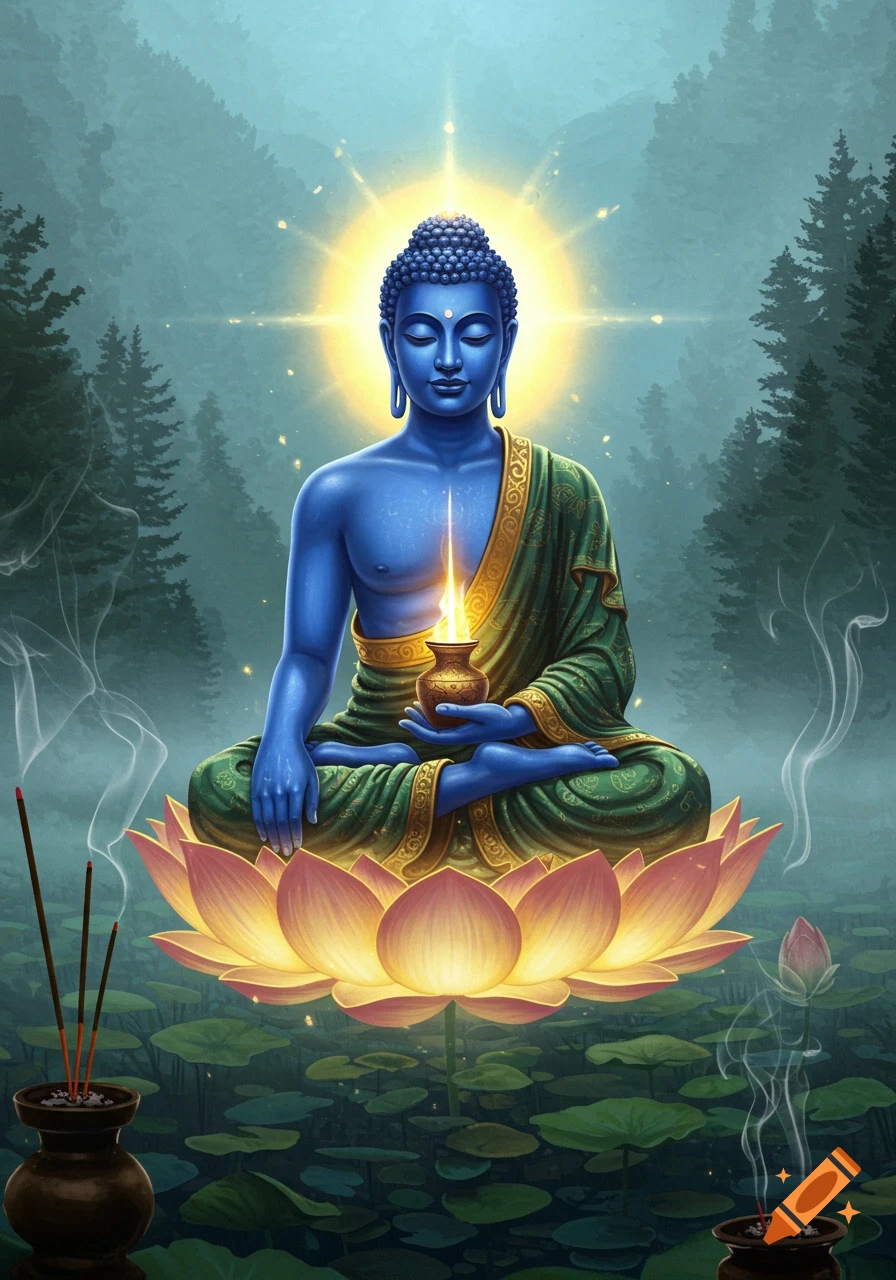 A blue-skinned Medicine Buddha meditates on a glowing pink lotus in a serene forest, surrounded by water lilies and incense smoke.