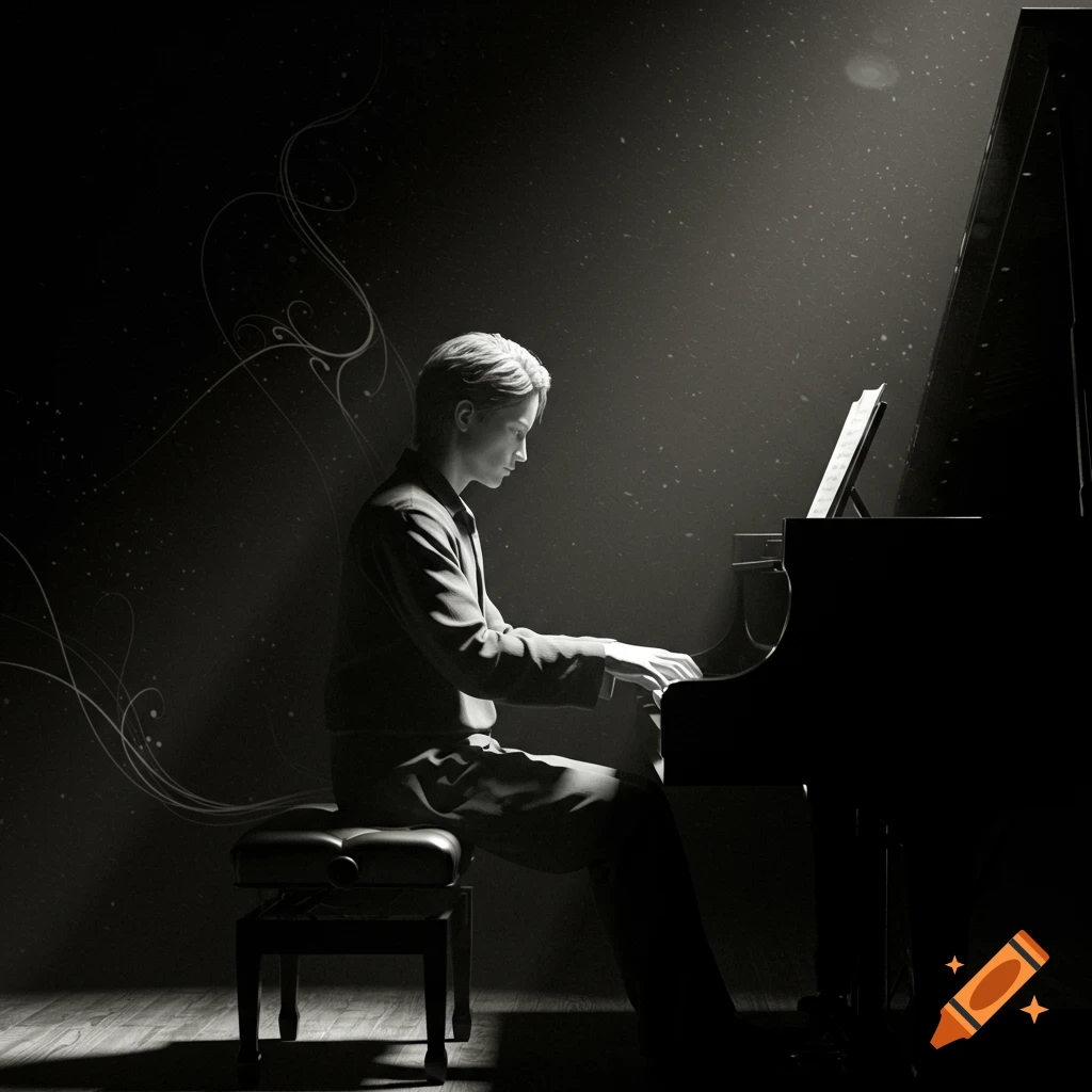 A person plays a grand piano in a dramatic monochrome, spotlighted scene with abstract swirls in the dark background.