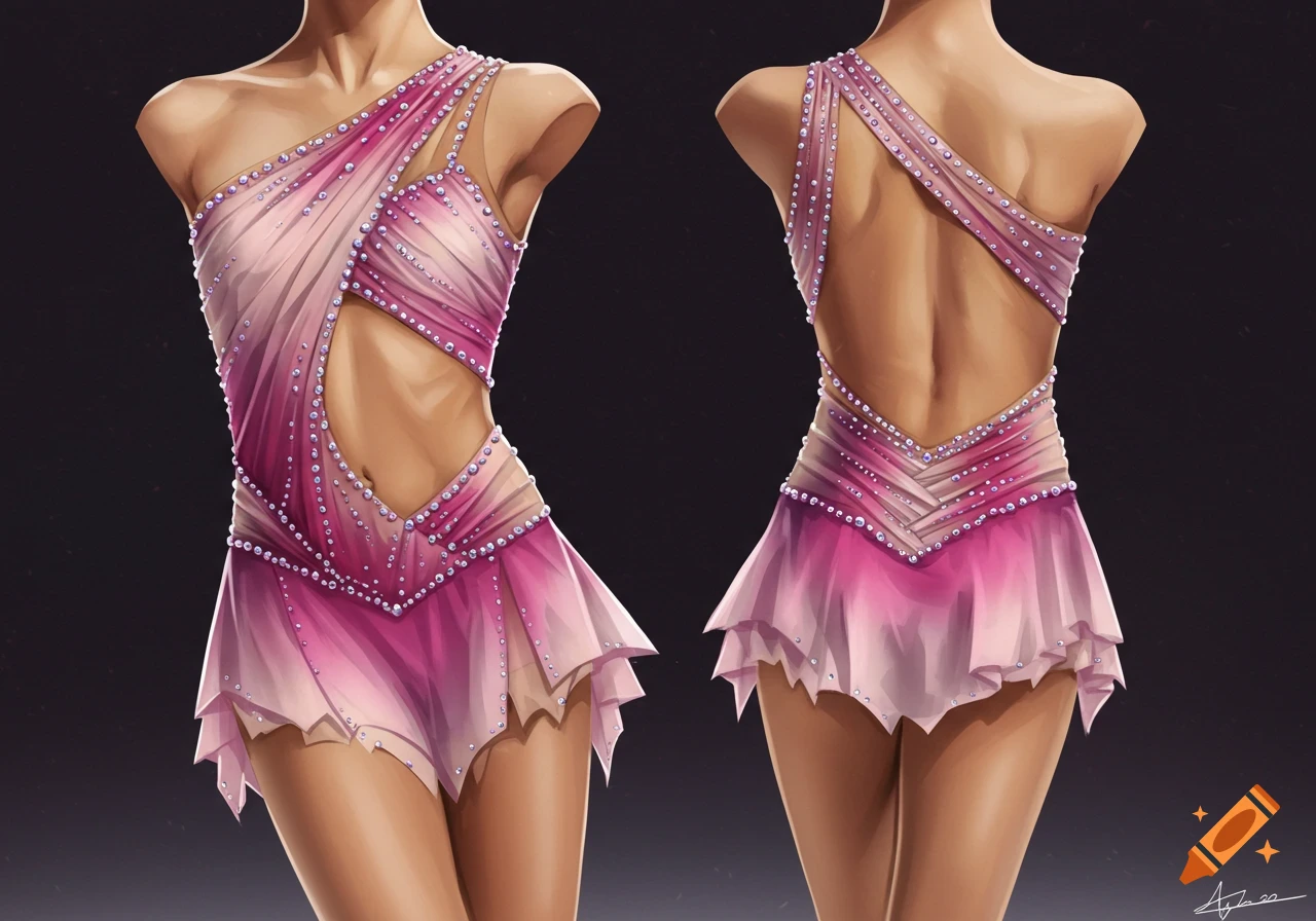 Front and back views of a pink, asymmetrical figure skating dress with crystals on a mannequin-like figure, concept art style.